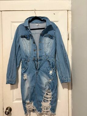 Fashion Nova Light Blue Distressed Denim Jacket Dress